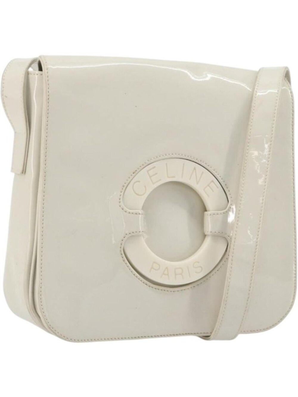CELINE Circle Shoulder Bag Patent Leather Ivory Silver